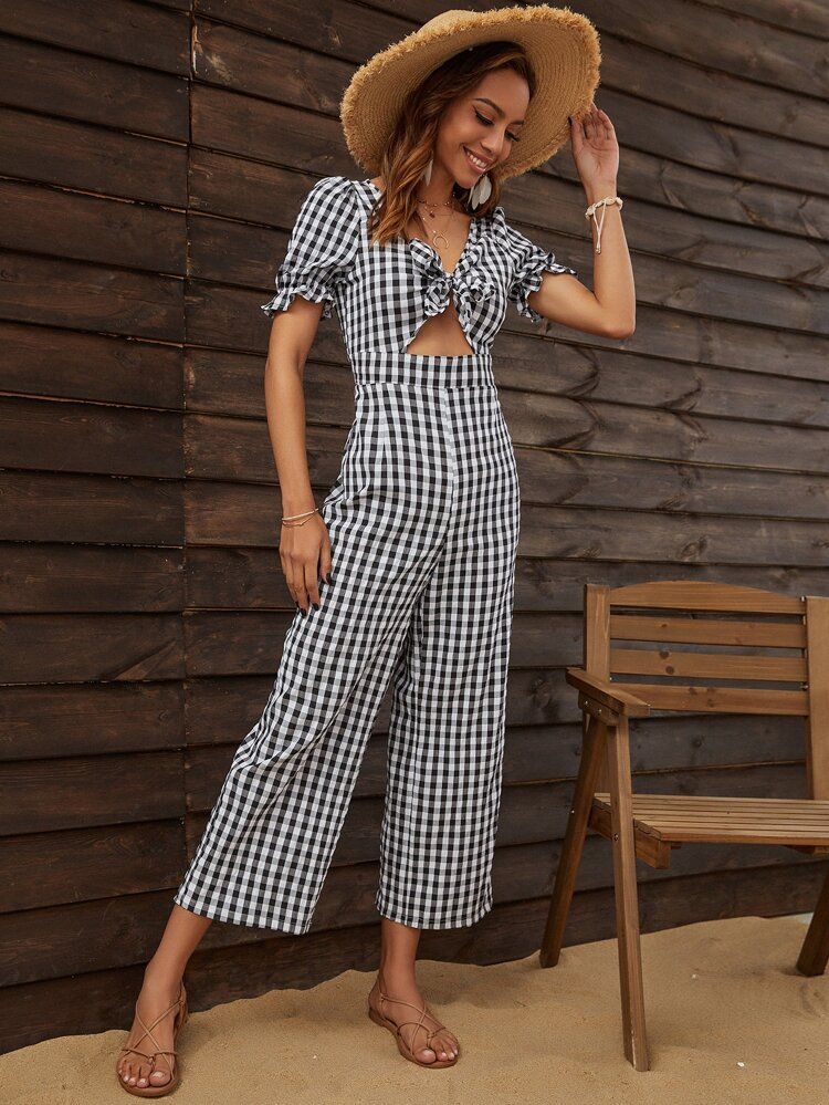 Gingham Knot Front Cut Out Jumpsuit | SHEIN