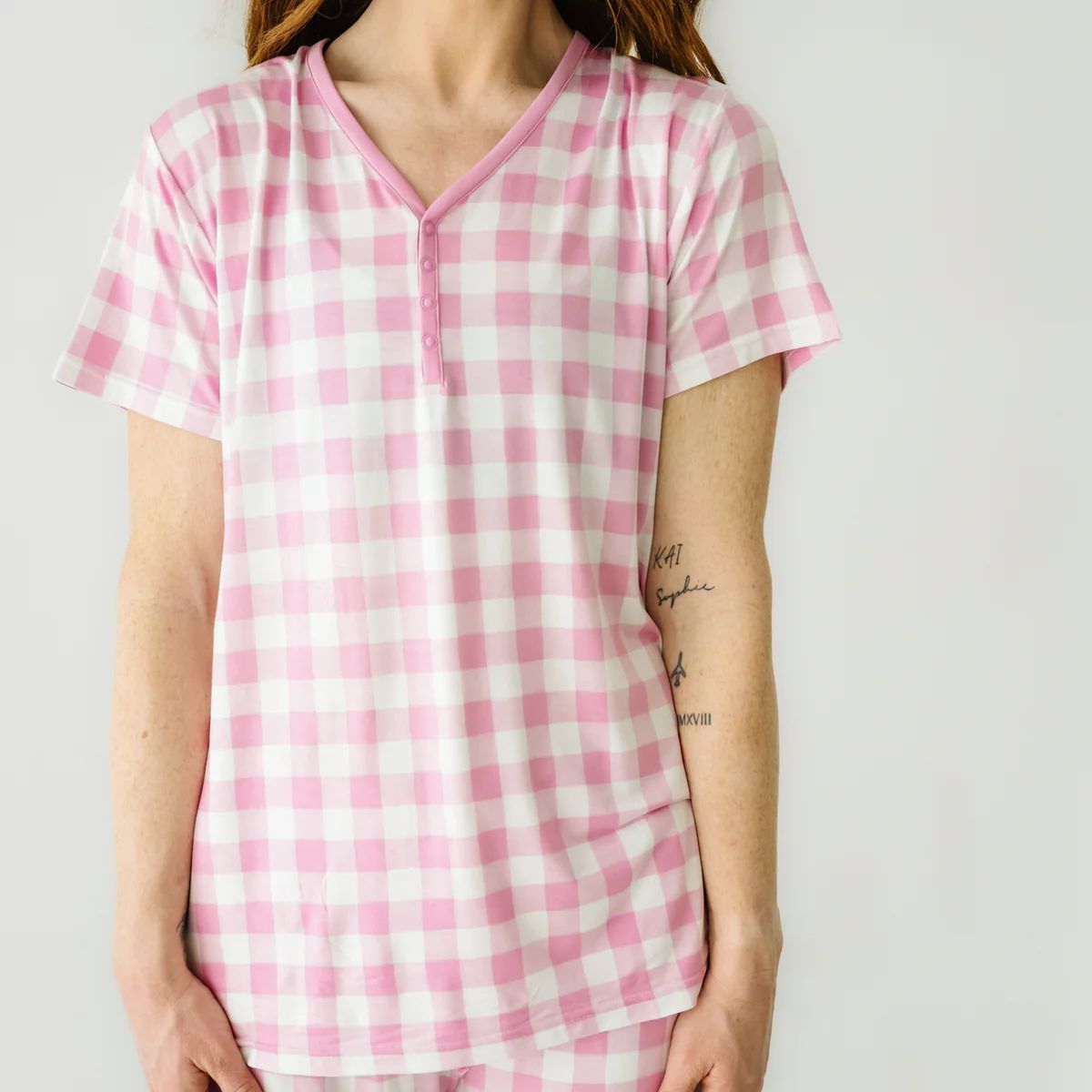 Pink Gingham Women's Short Sleeve Pajama Top | Little Sleepies
