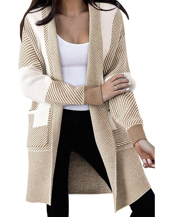 Astylish Women 2025 Open Front Long Sleeve Cardigan Casual Knit Sweaters Color Block Fall Outfits... | Amazon (US)