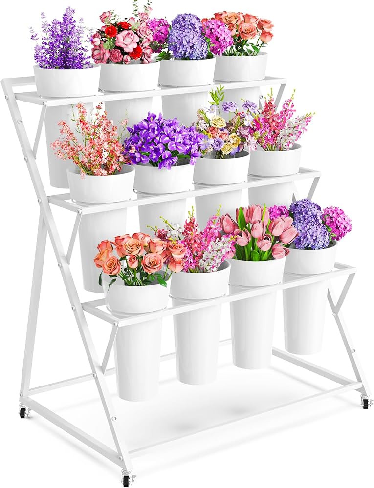 VGMiu Flower Display Stand with 12 Buckets, White Flower Cart with Wheels 3 Layers Metal Flower B... | Amazon (US)