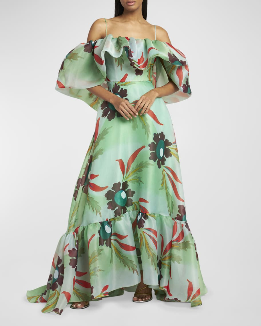 Macro Floral-Print Ruffle Off-The-Shoulder Organza Gown | Neiman Marcus