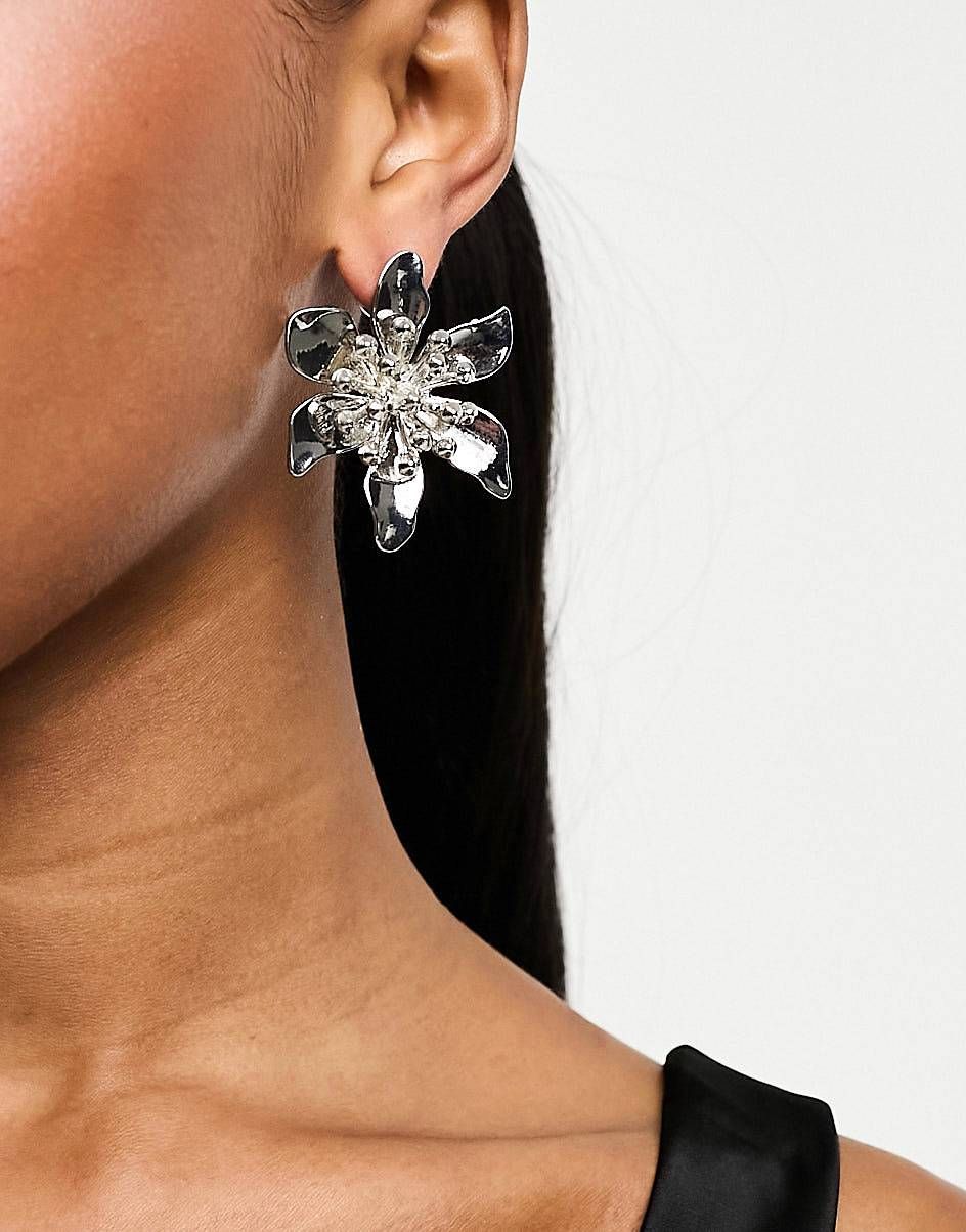 ASOS DESIGN stud earrings with floral design in silver tone | ASOS (Global)