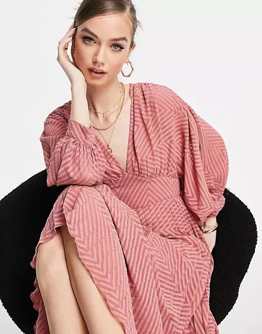 ASOS DESIGN pleated batwing midi dress in chevron texture in dusky pink | ASOS (Global)