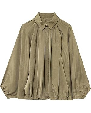 Womens Puffed Bomber Jacket Casual Batwing Sleeve Lapel Collar Zip Shirts Oversized Pleated Stree... | Amazon (US)
