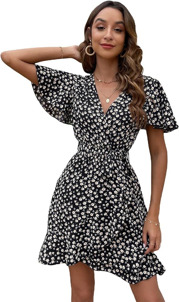 MakeMeChic Women's Allover Print Short Sleeve V Neck Wrap Ruffle A Line Mini Dress with Belt | Amazon (US)