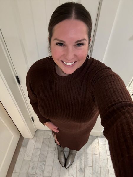 My outfit from an evening out in wine country this last weekend. We headed to California for a quick trip. This brown sweater dress (currently on sale!) was perfect because I didn’t need to wear a jacket. I paired it with my metallic cowboy boots for a little bit festive look for this time of year  

#LTKSeasonal #LTKtravel #LTKshoecrush