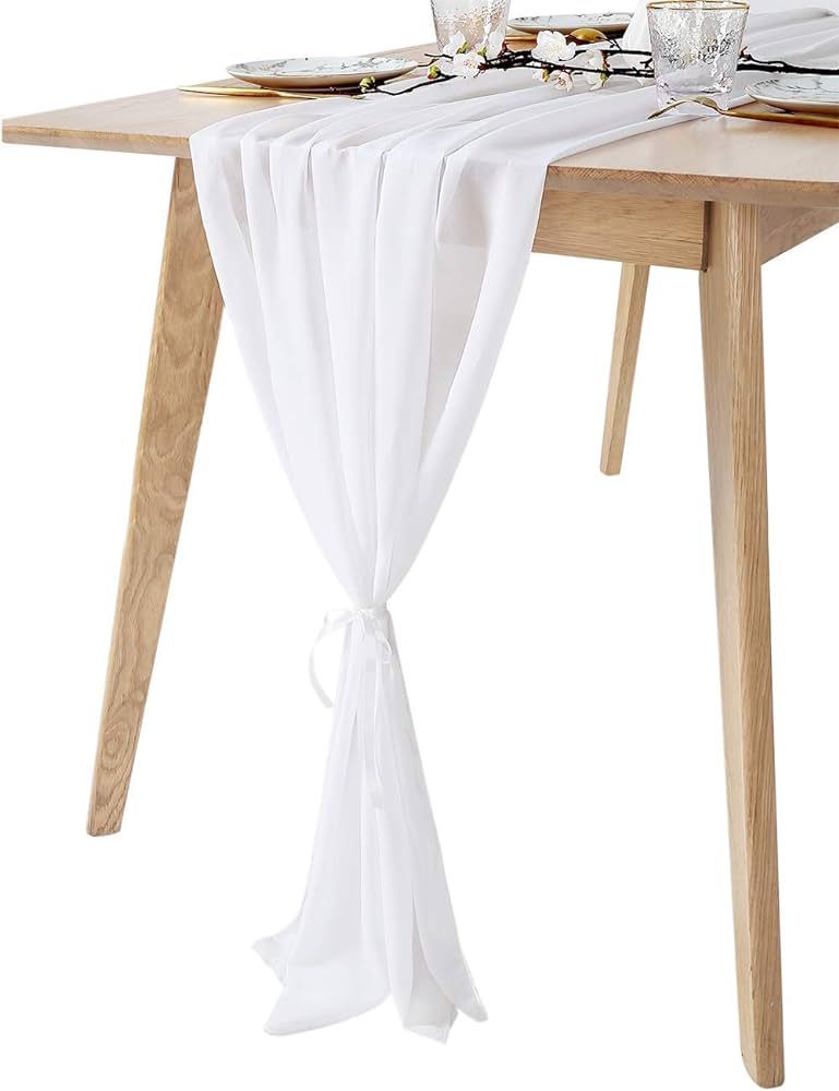 QueenDream 10Ft 1 Piece White Chiffon Table Runner 27x120 Inches Sheer Chiffon Fabric Bridal Part... | Amazon (US)