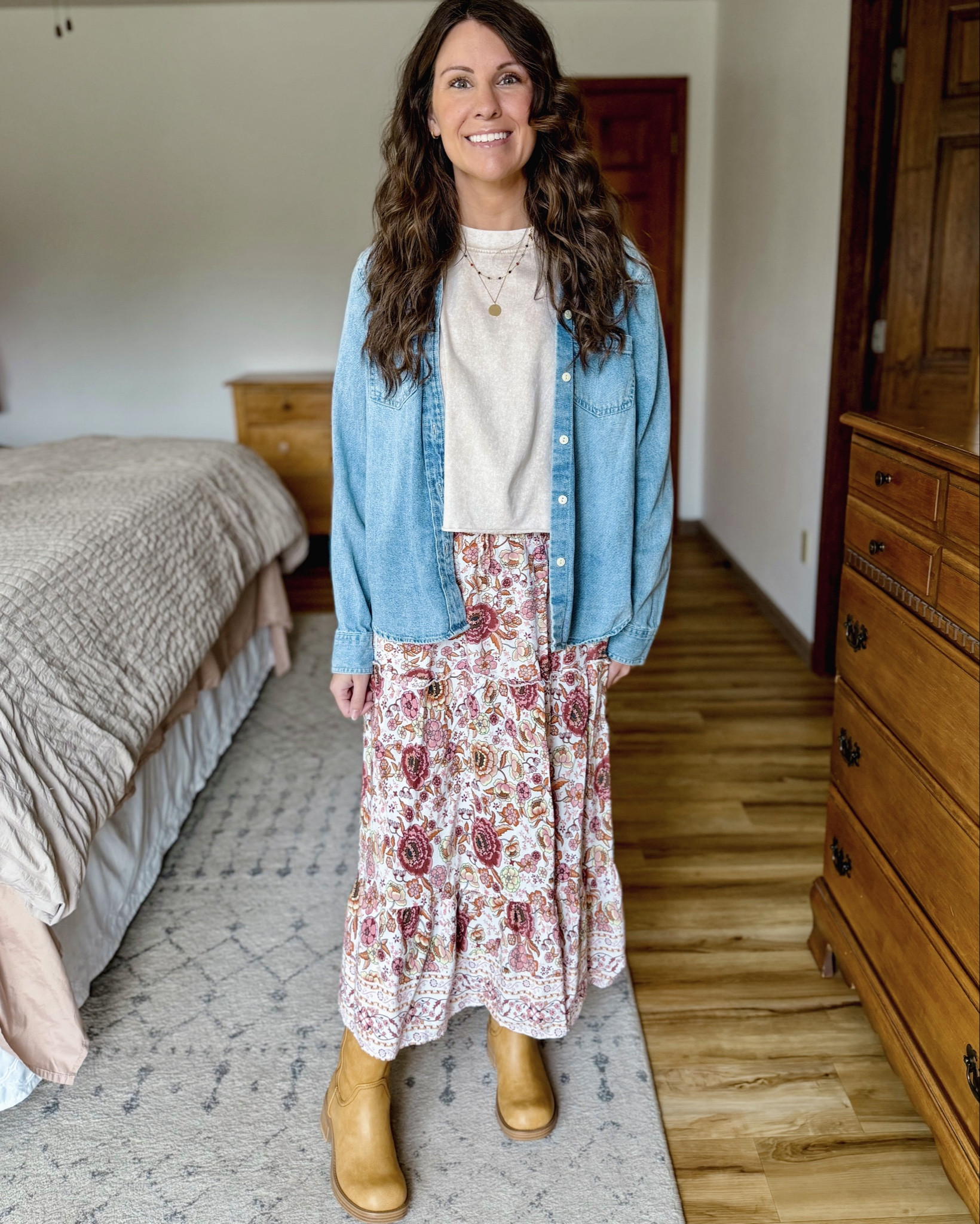 Spring skirt outfit idea! For Easter, graduation, wedding or baby shower, mother’s day, etc💓🌸

Small in my tee, small in my skirt, and size small on my denim shirt (sold out— linked similar!) my boots are size 6!

#LTKootd #LTKgrwm #LTKPetite