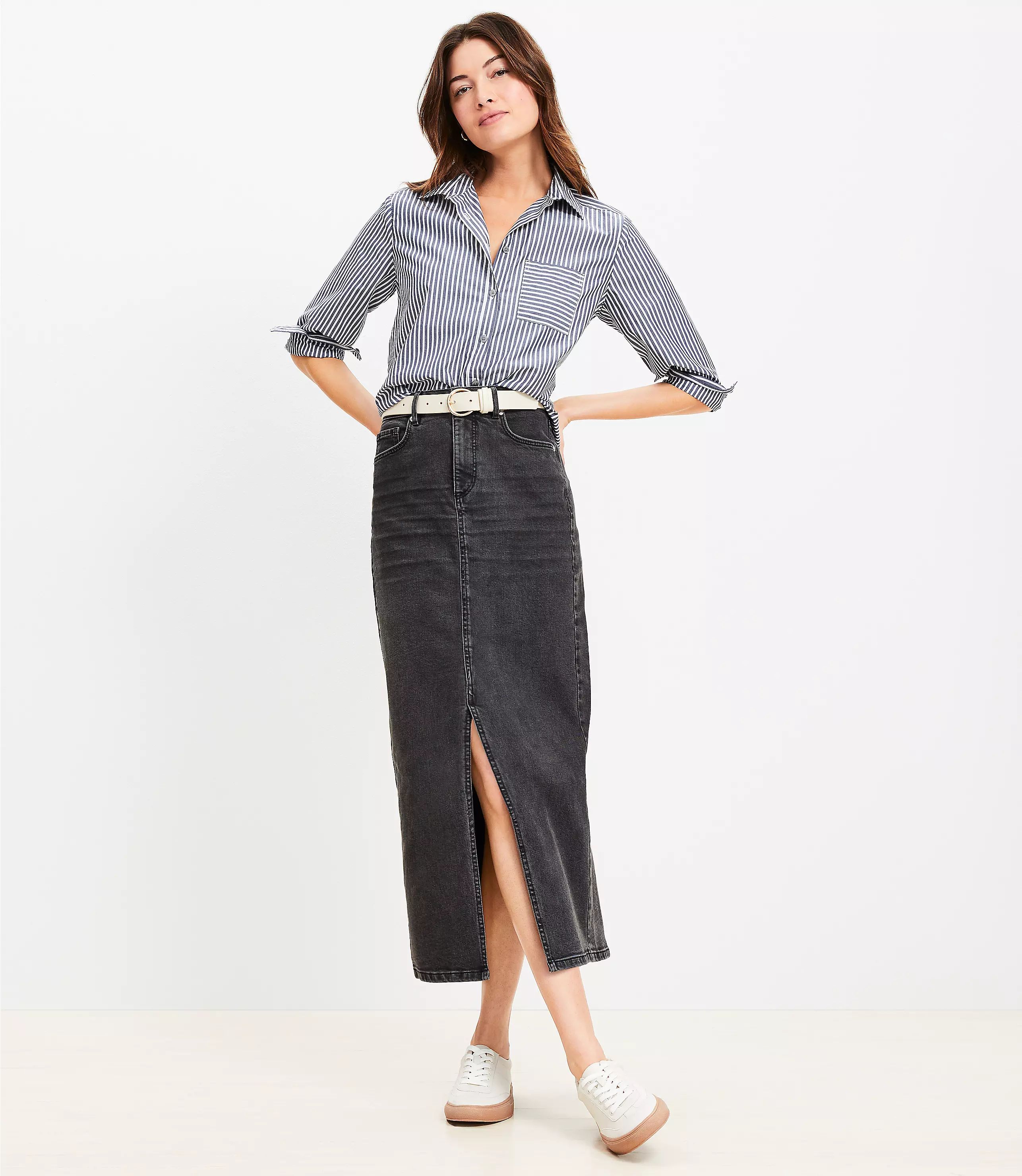 Denim Front Slit Pocket Midi Skirt in Washed Black | LOFT