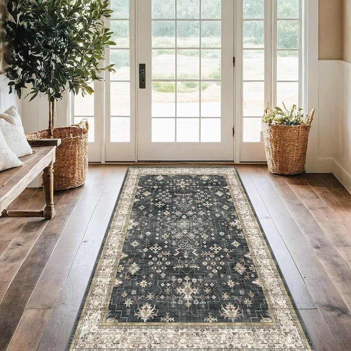Washable 4x8 Hallway Runner Rug, Black Vintage 8ft Soft Runners for Entry Kitchen Non Slip Low Pi... | Amazon (US)