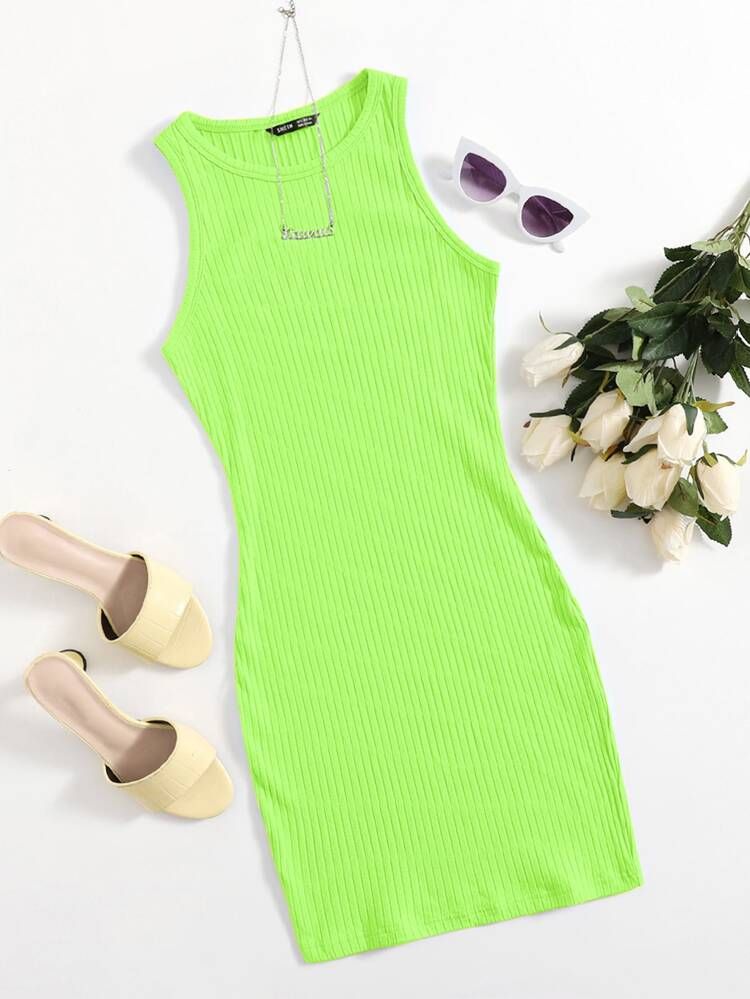 SHEIN Neon Lime Rib-knit Bodycon Dress | SHEIN