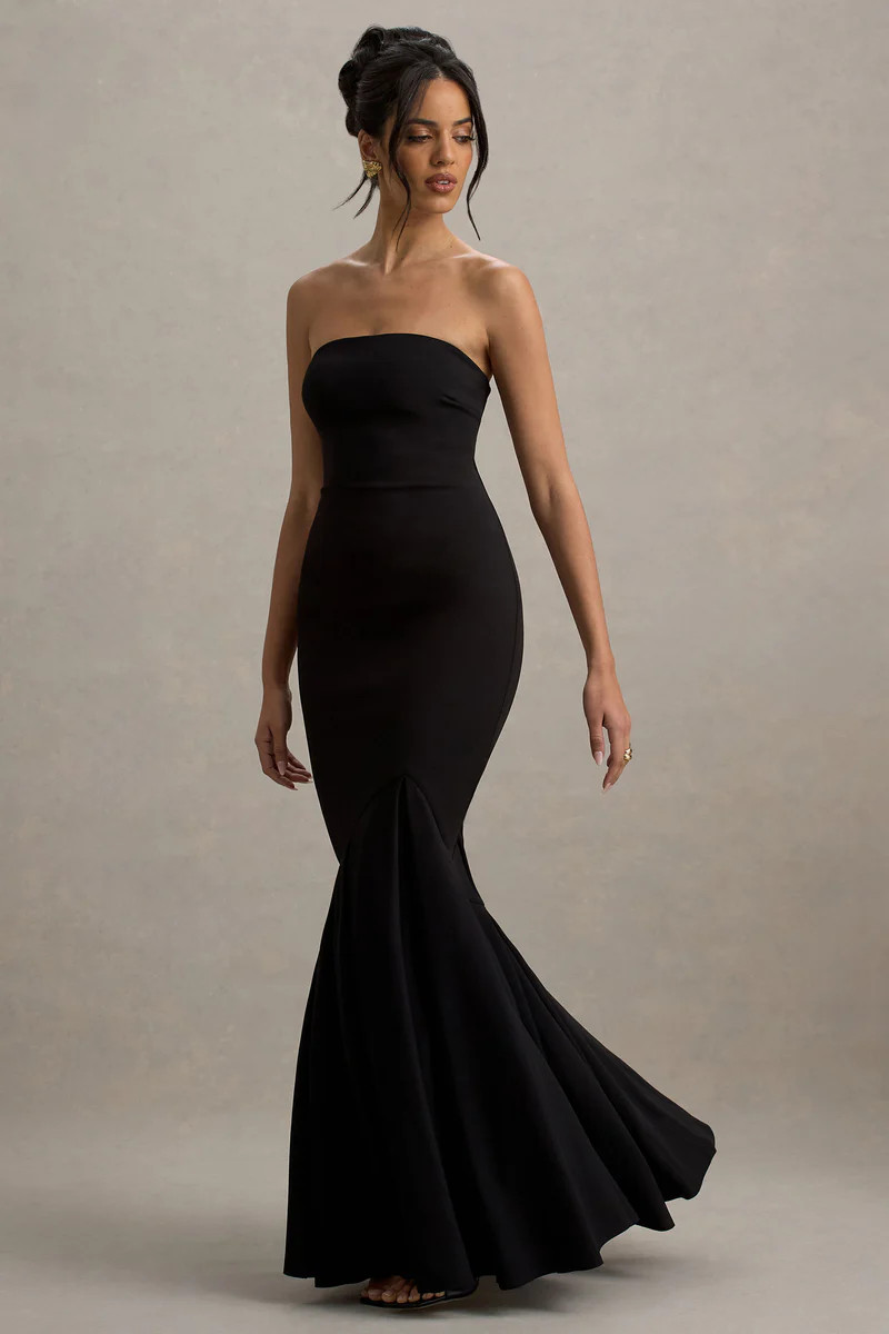 Angela | Black Bandeau Fishtail Maxi Dress | Club L London