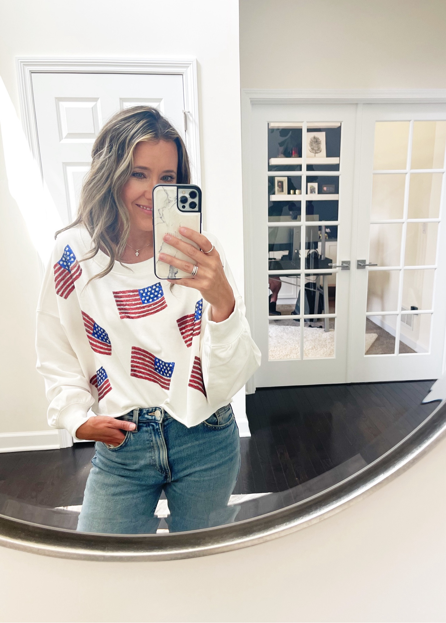 4th of July outfit ready ♥️ love this oversized long sleeve cropped pullover. It’s not heavy at all, feels more like a long sleeve tee. Fabric has stretch, relaxed fit, lightweight feel. Love the length too, fits right at the waist. I’m wearing the small. 

Happy 4th!! 🇺🇸🇺🇸🇺🇸

#LTKOver40 #LTKFindsUnder50 #LTKSeasonal