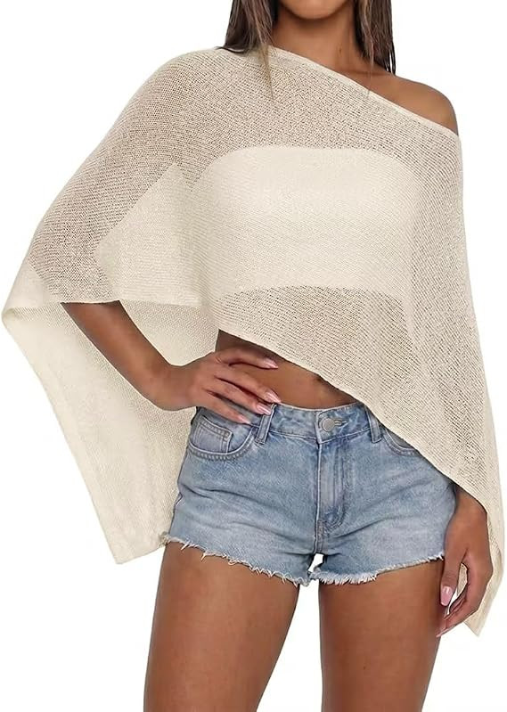 Women Sheer Knit Poncho Top Beach Cover Up Lightweight Crochet Shrug Y2k Summer See Through Shawl | Amazon (US)