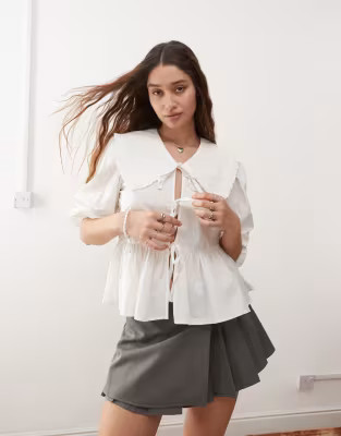 Monki long sleeve frill collared peplum blouse in white | ASOS | ASOS (Global)