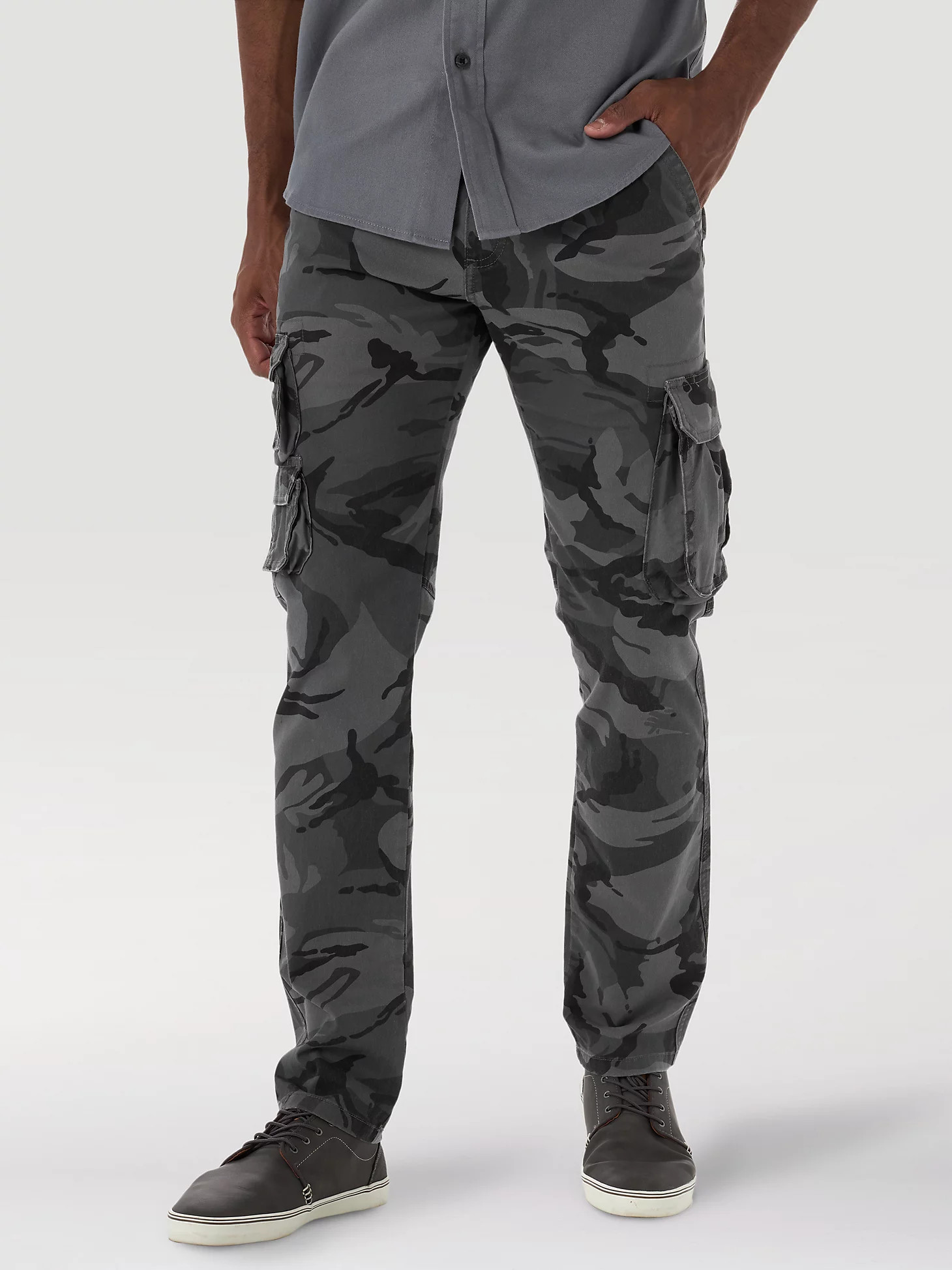 Men's Wrangler® Flex Tapered Cargo Pant in Anthracite Camo | Wrangler