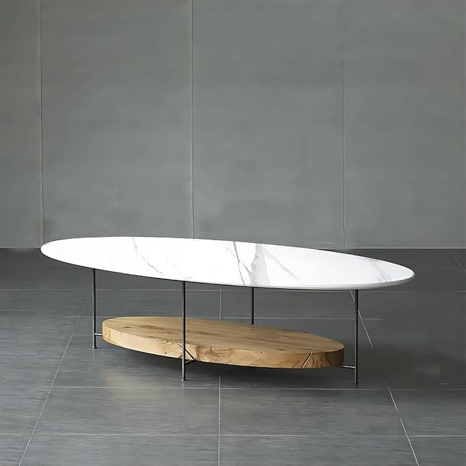 Oval 2-Tier Marble Top Coffee Table with Open Storage - Modern Wood Coffee Table for Living Room ... | Amazon (US)