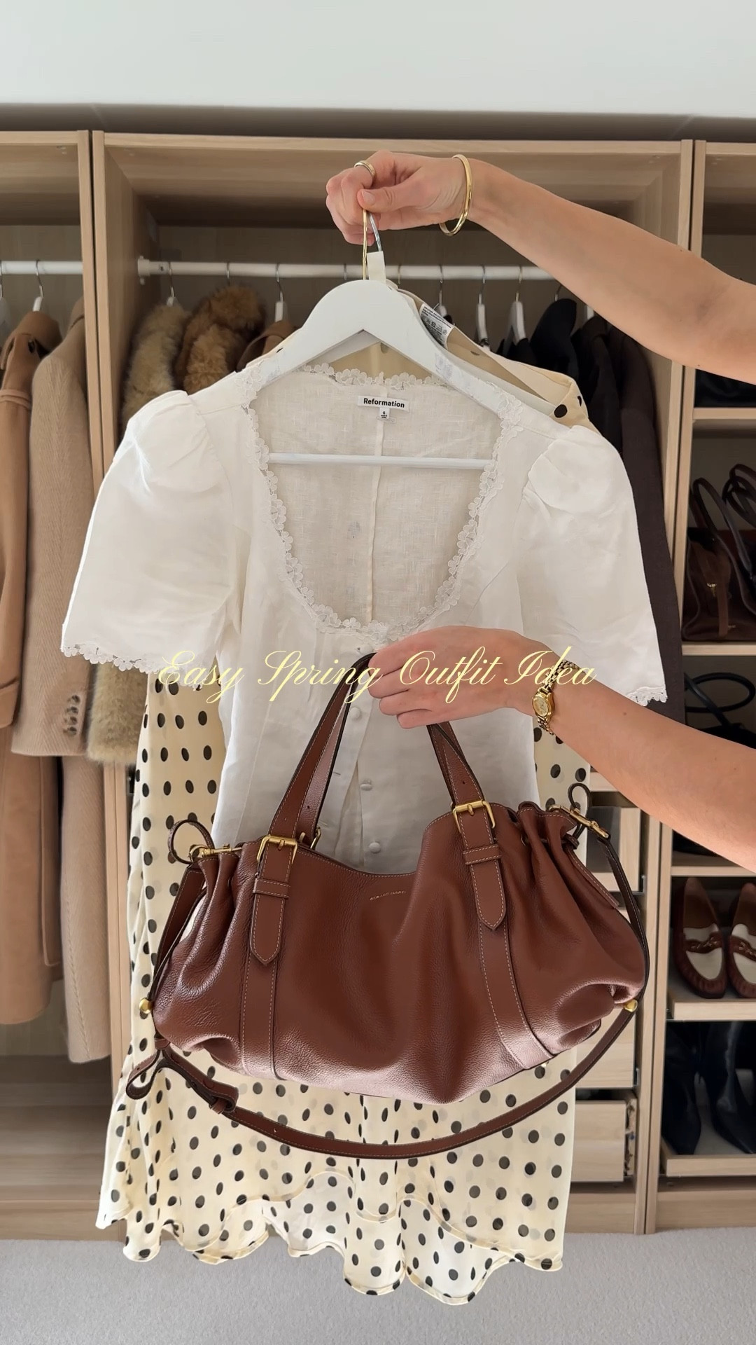 easy spring outfit idea, H&M polka dot skirt, tan leather bag, reformation lace top, brown boots, spring outfit inspo, midi skirt, lace top, flowy skirt, slouchy bag 

#LTKspring #LTKuk #LTKeurope