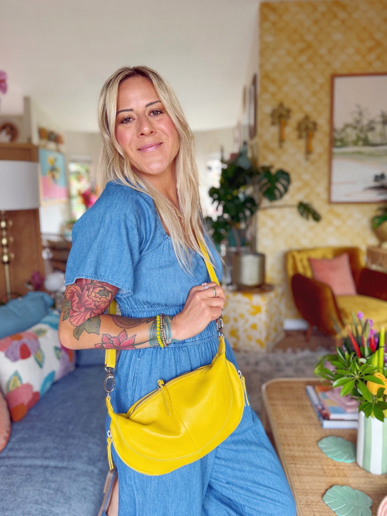 Summer Casual Cute Fit 💛🩵 denim & a pop of color (jumpsuit on major sale TTS wearing small) sling bag in Lemon color 

#LTKSummerEdit #LTKStyleTip #LTKSeasonal