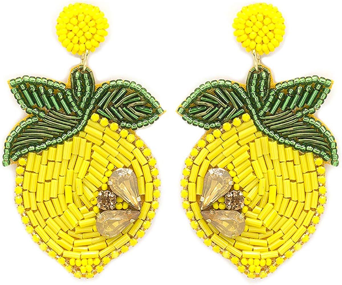 Emulily Beaded Lemon Post Earrings Handmade Lemon Earrings Tropical | Amazon (US)