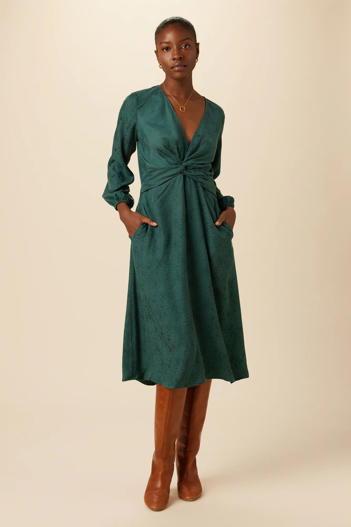 Etta Cupro Viscose Jacquard Dress - Darkest Spruce | Amour Vert