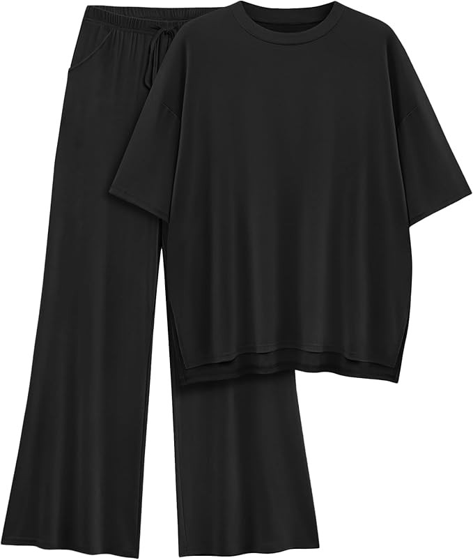 Womens Lounge Set 2026 Summer 2 Piece Outfits Oversized Short Sleeve Tops & Wide Leg Pant Matchin... | Amazon (US)