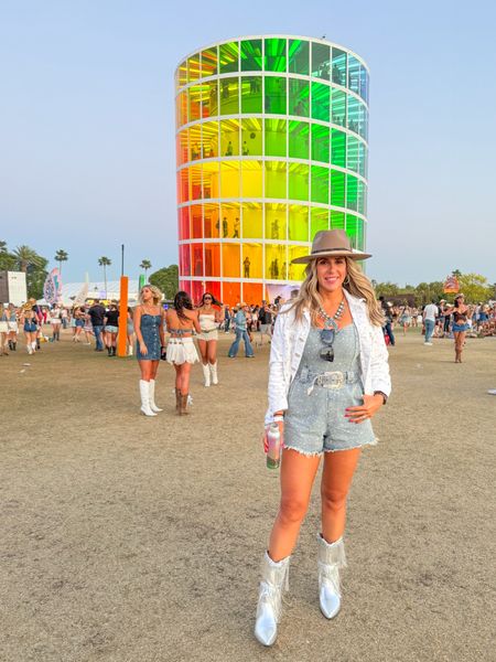Day 2 in Mumu at stagecoach 🤠This romper is so cute and the belt it comes with is perfection! Paired with the cutest silver fringe boots and white studded jean jacket! Everything is true to size except for jacket which runs large. 

#LTKstyletip #LTKover40 #LTKFestival