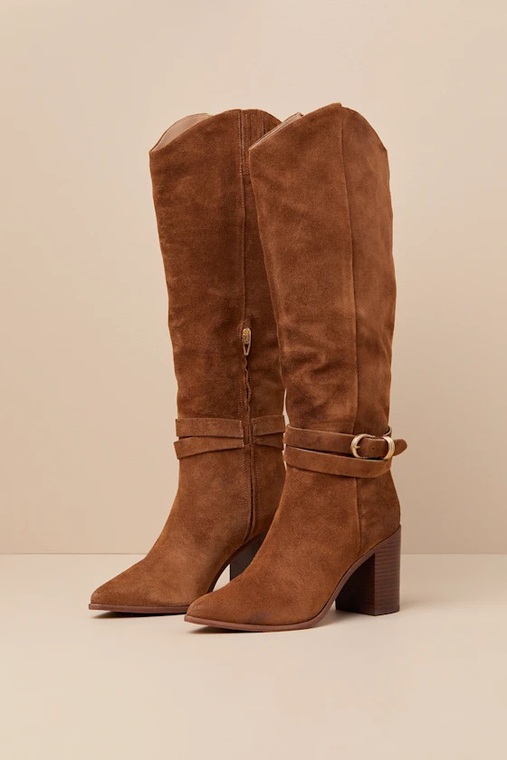 Tyrone Brown Suede Buckle Pointed-Toe Knee-High Boots | Lulus