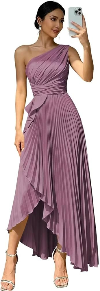 One Shoulder Bridesmaid Dresses Satin Pleated A Line Formal Evening Gowns with Split | Amazon (US)