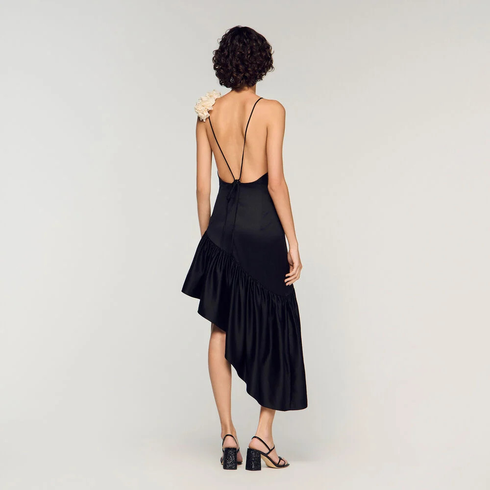 Flower detail asymmetrical ruffled dress | Sandro US | Sandro-Paris US