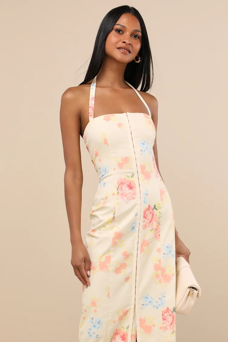 Arrosa Light Yellow Floral Halter Midi Dress | Lulus