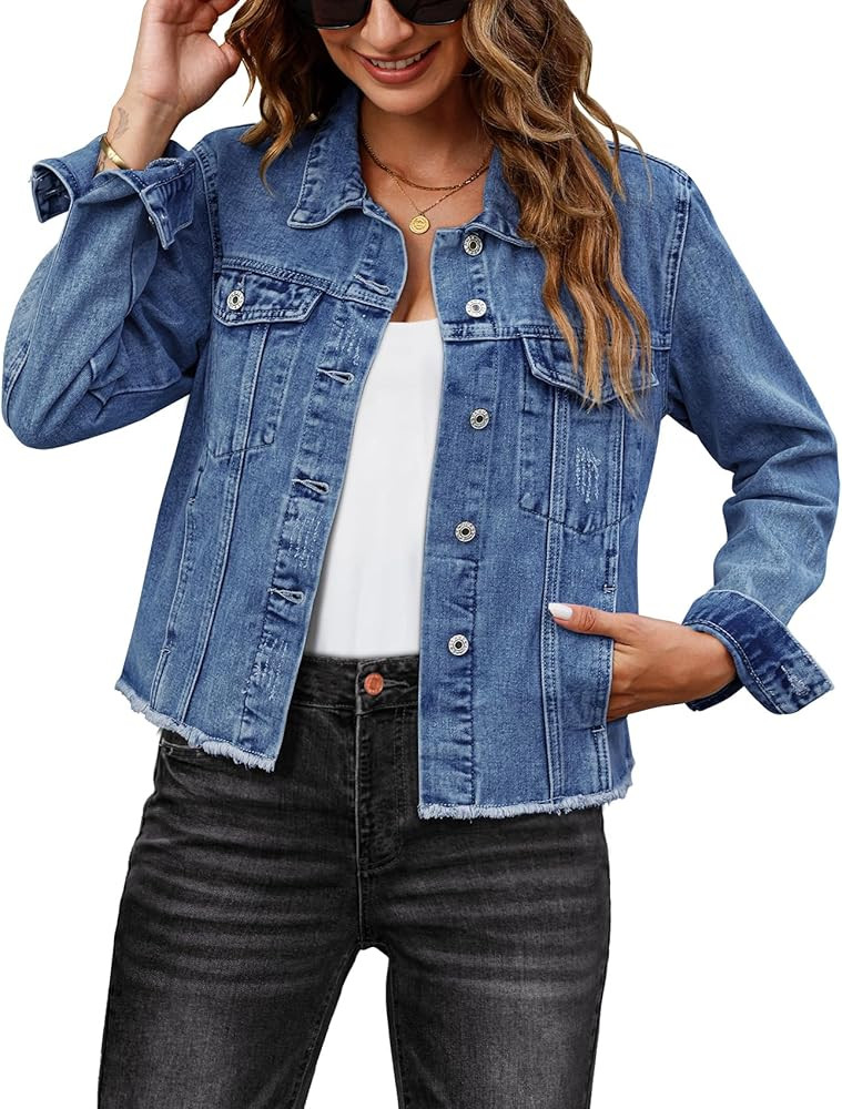 luvamia Denim Jacket for Women Distressed Jean Jackets Button Up Vintage Western Trucker Jacket F... | Amazon (US)