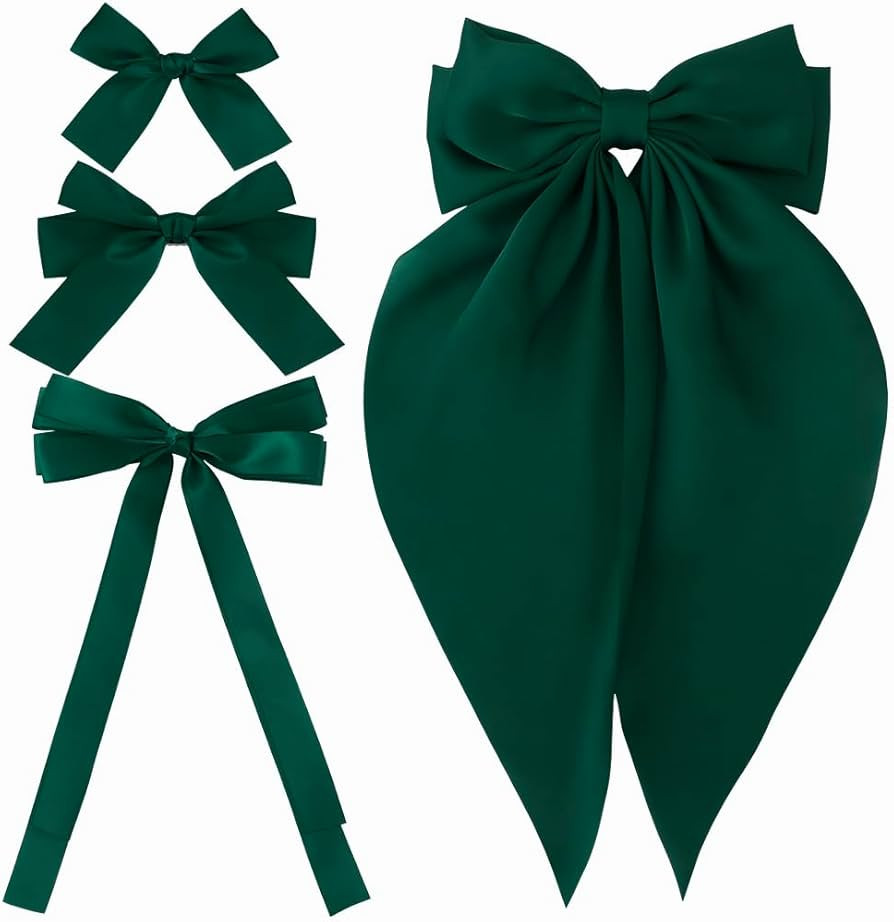 Hair Bow Clips for Women Girls, 4 Pcs Green Silky Satin Oversized Long Tail Bow Hair Clips, Allig... | Amazon (US)