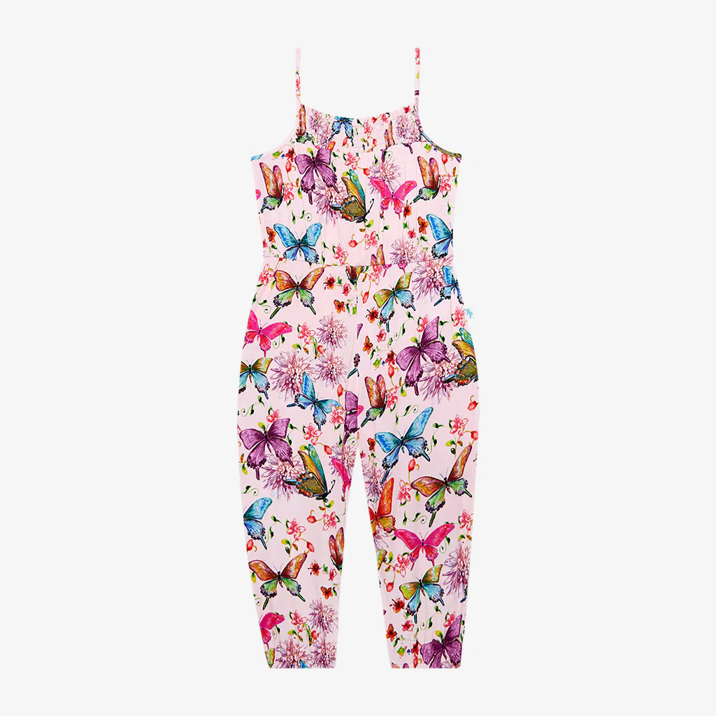 Butterflies Pink Sleeveless Girl Jumpsuit | Watercolor Butterfly | Posh Peanut