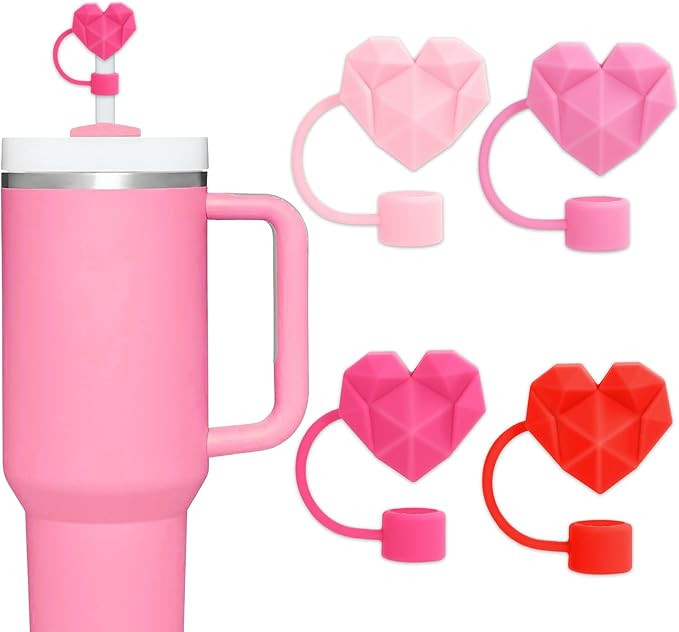 Whaline 4Pcs Heart Straw Cover Cap Valentine Diamond Heart Reusable Silicone Straws Topper Red Pi... | Amazon (US)