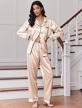 Ekouaer Women's Classic Button Down Long Satin Silk Pajama Set | Amazon (US)
