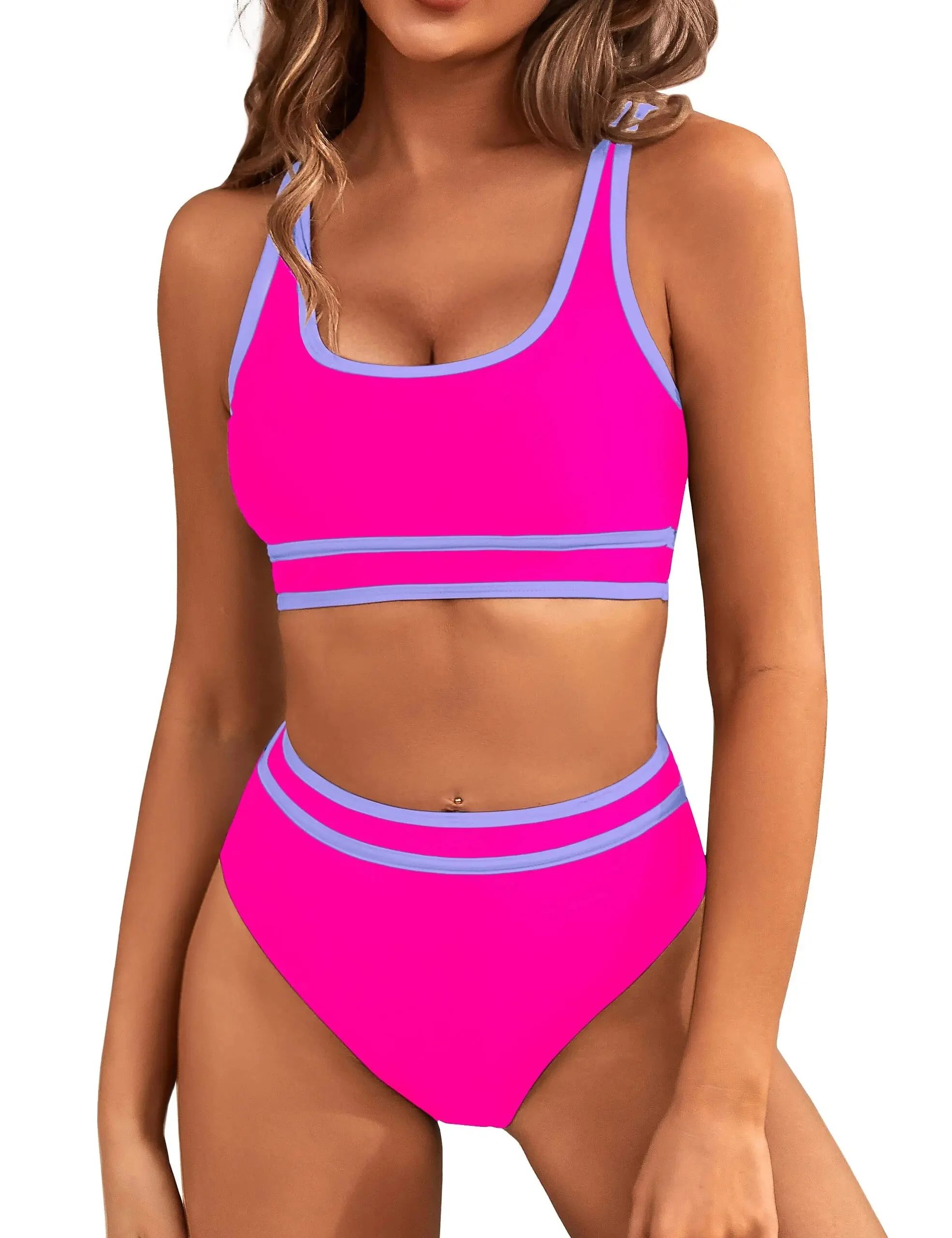 MOSHU High Waisted Womens Bikini Sets Sporty Two Piece Swimsuits for Women Color Block High Cut B... | Walmart (US)