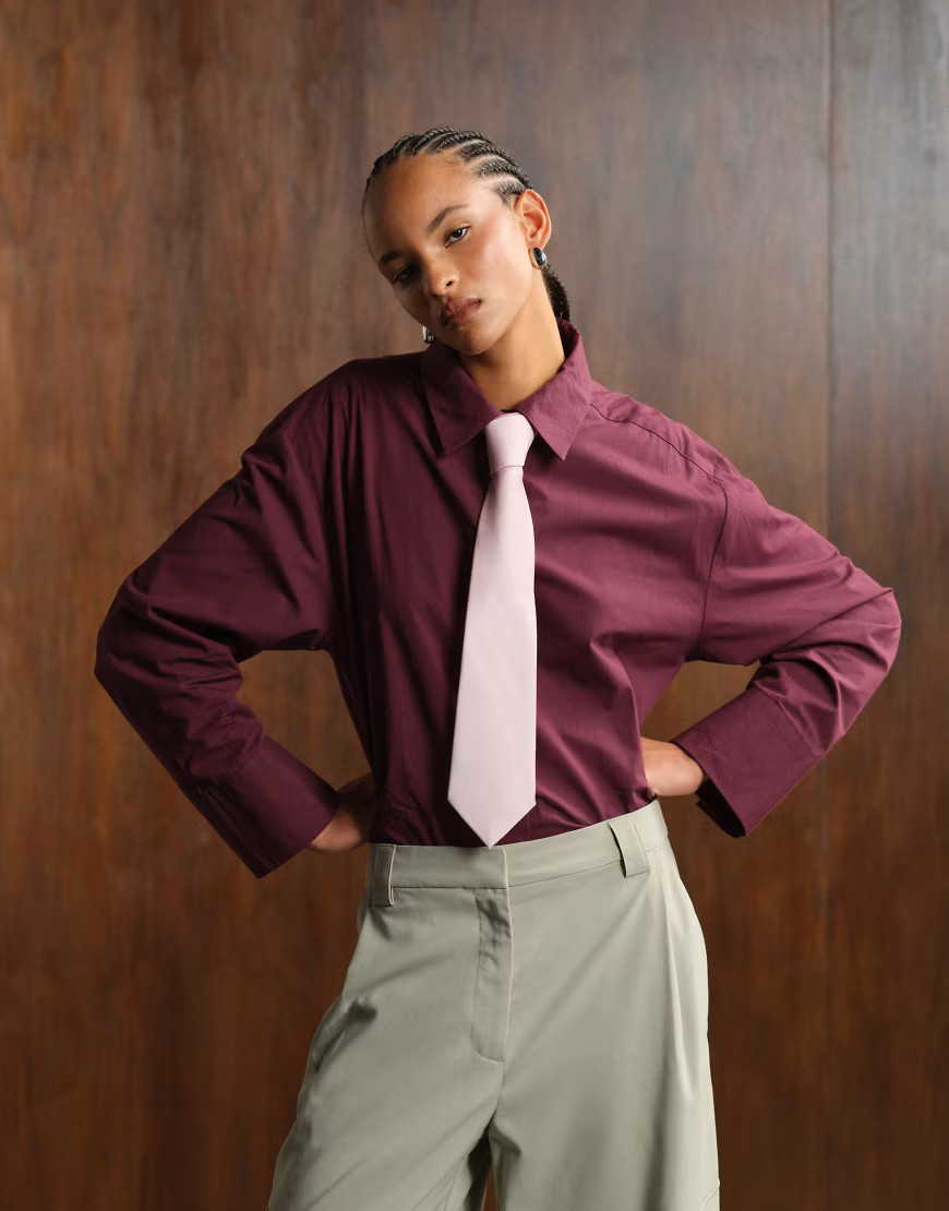 ASOS DESIGN oversized poplin shirt with contrast tie in plum-Purple | ASOS (Global)