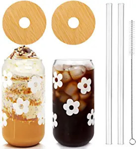 Beer Can Glass with Lids and Straw, Can Shaped Glass Cups, 20OZ Glass Cups, Drinking Glasses, Ice... | Amazon (US)