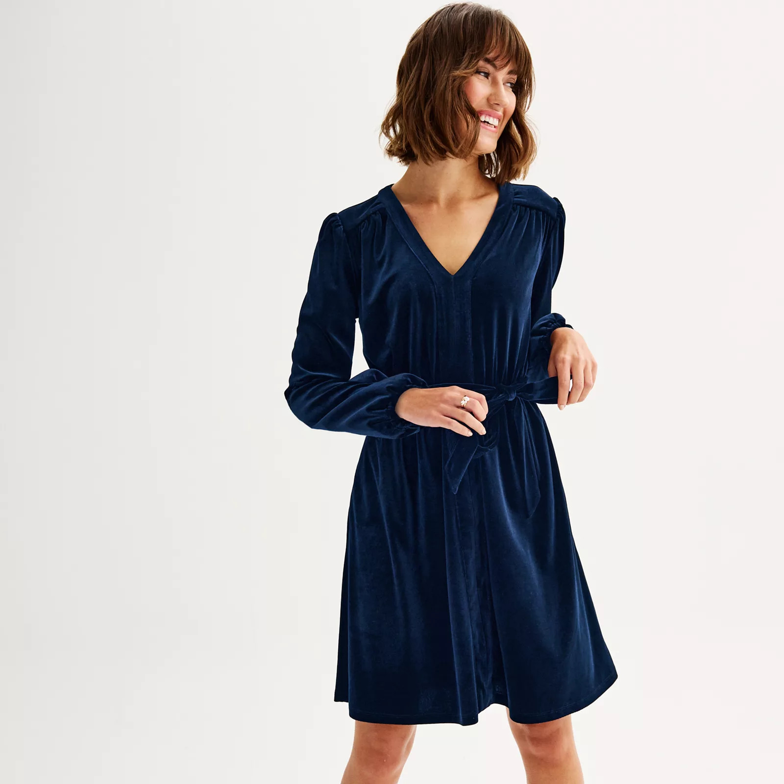 Women's Draper James Long Sleeve Belted Velvet Dress, Size: XXL, Blue | Kohl's
