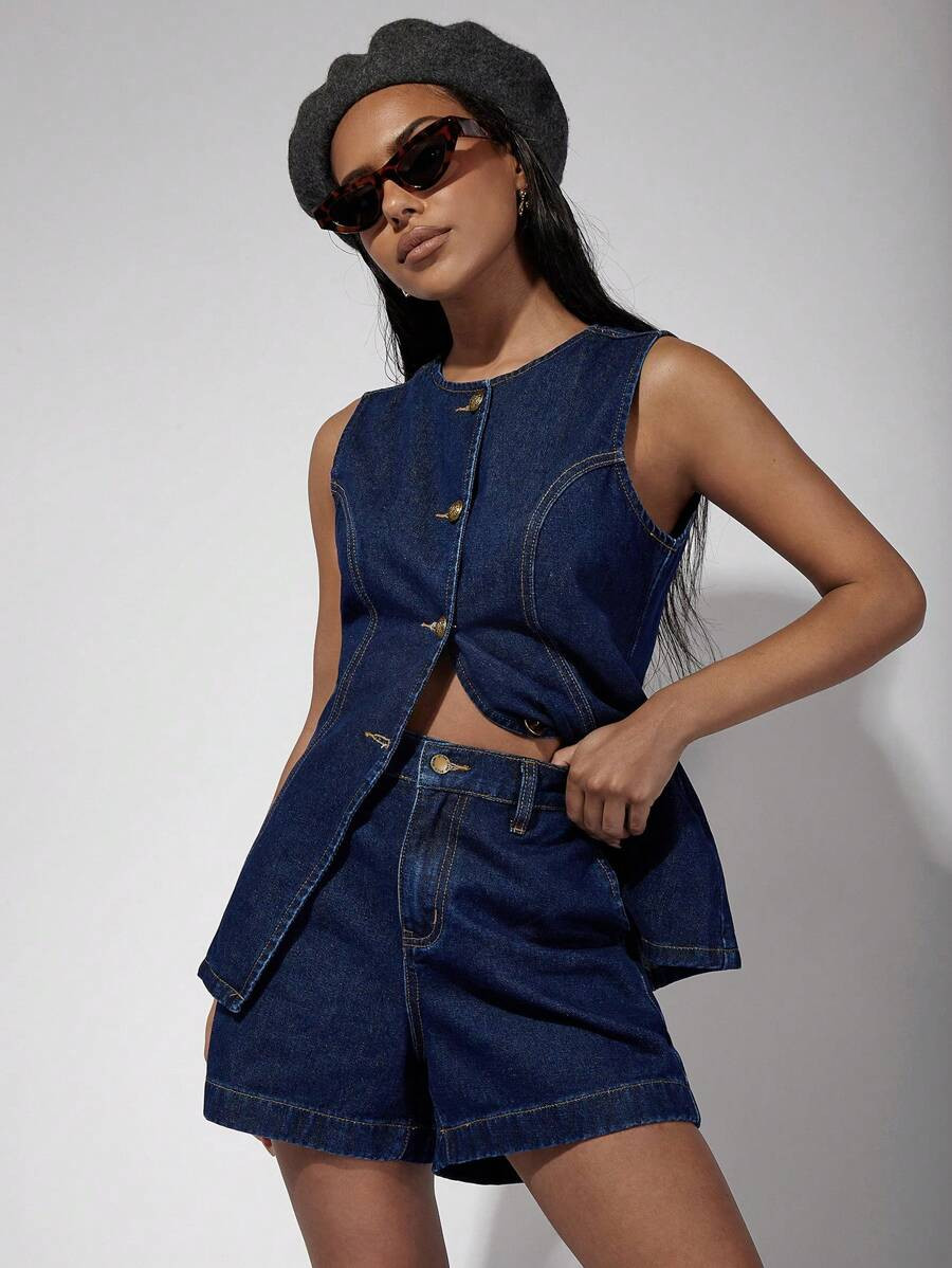 COSMINA Women's Single-Breasted Denim Vest And Shorts Casual Suit, Old Money, Vintage, Fall Women... | SHEIN