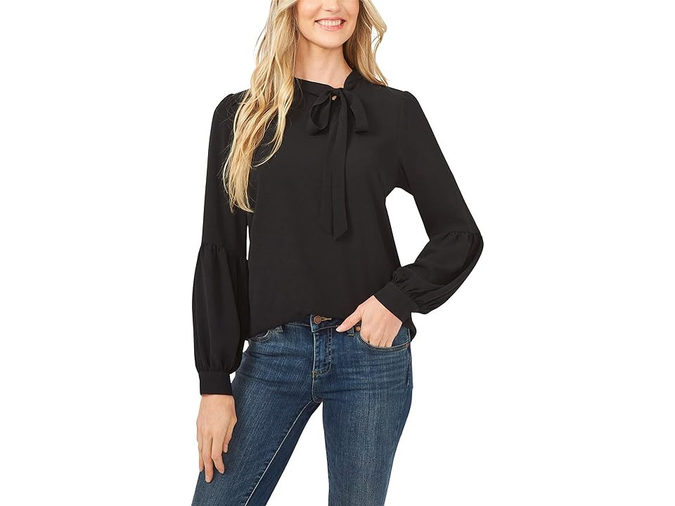 CeCe Long Sleeve Blouse w/ Neck Tie Women's Clothing Rich Black : MD, Polyester/Spandex | Zappos