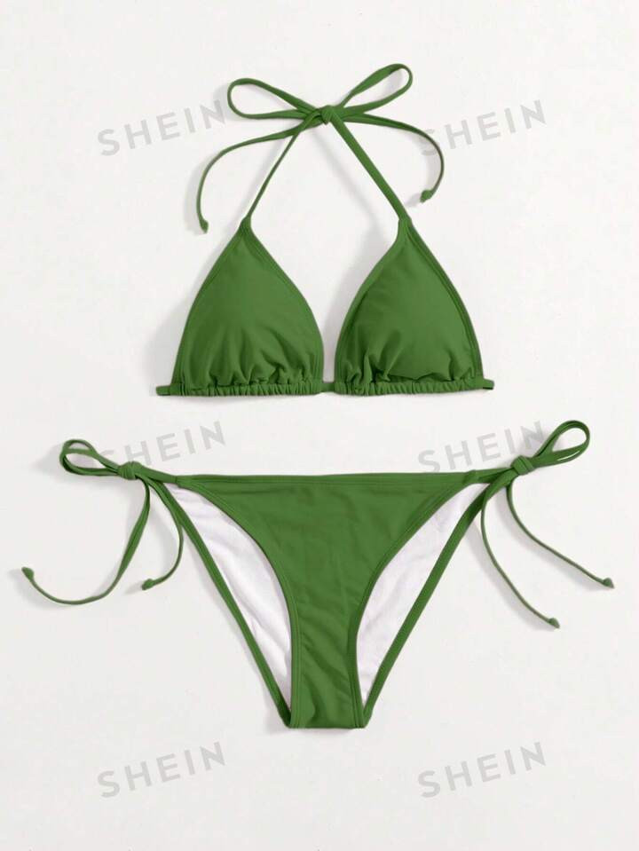 SHEIN Swim Mod Holiday Beach Solid Color Halter Bikini Set, Summer Beach | SHEIN