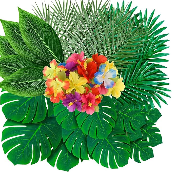 WEISPARK 105Pack Artificial Palm Leaves Hibiscus Flowers Tropical Party Decorations Supplies - 7 ... | Amazon (US)