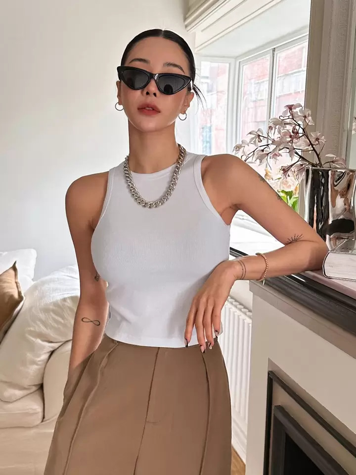 DAZY Top tank sólido malha com nervuras | SHEIN