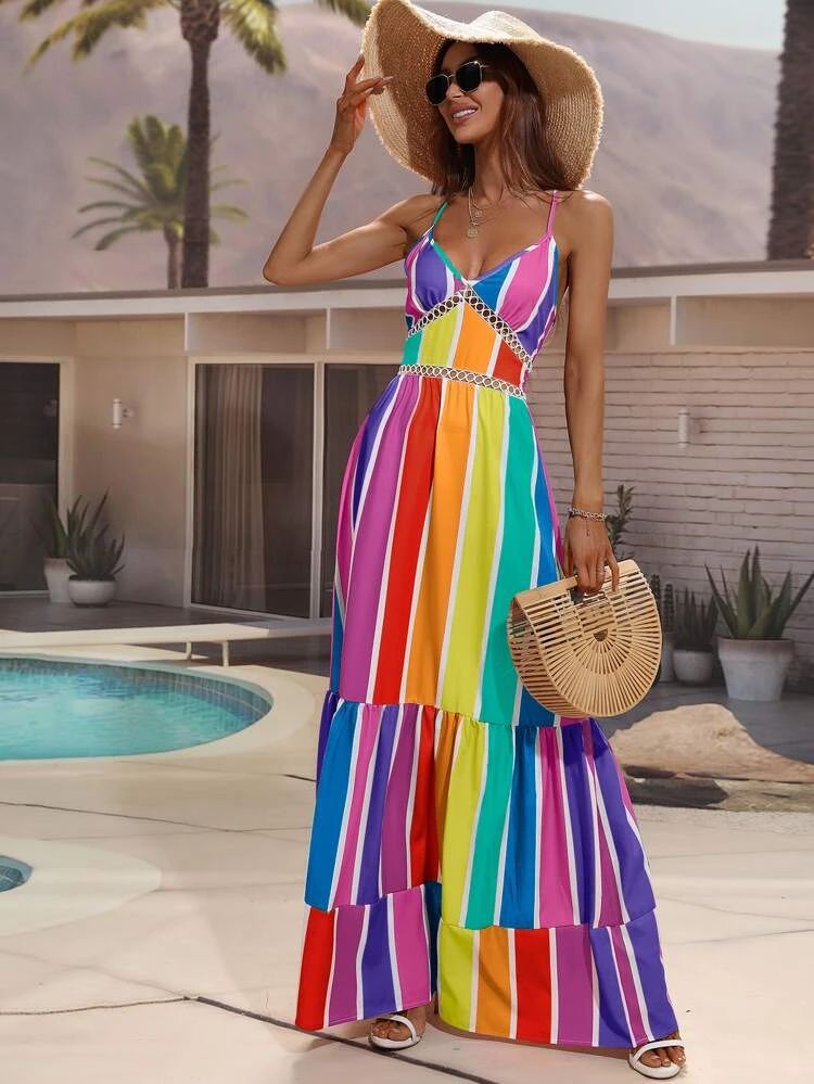 SHEIN VCAY Colorful Striped Layered Hem Maxi Cami Dress | SHEIN