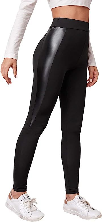 SweatyRocks Women's Faux Leather Inserted Leggings Outfit Yoga Tights | Amazon (US)