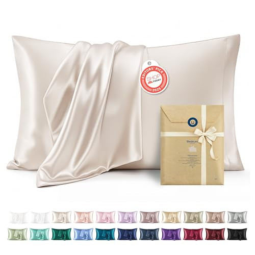 Bedsure Satin Pillowcases Queen Set of 2, Similar to Silk Pillow Case, 100% Polyester, Reduces Hair Frizz & Skin Friction, Decorative Covers, Gifts for Women, Envelope Closure, 20" x 30", Beige | Amazon (US)