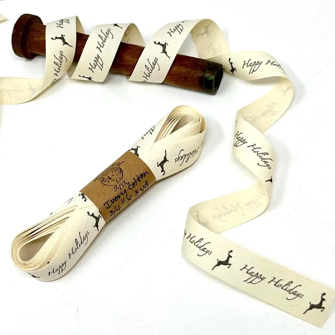 Happy Holidays Ivory Ribbon 1-3-5 Yards Cotton Canvas Printed 3/4 Woven Edge Gift Wrap Scrapbook ... | Etsy (US)