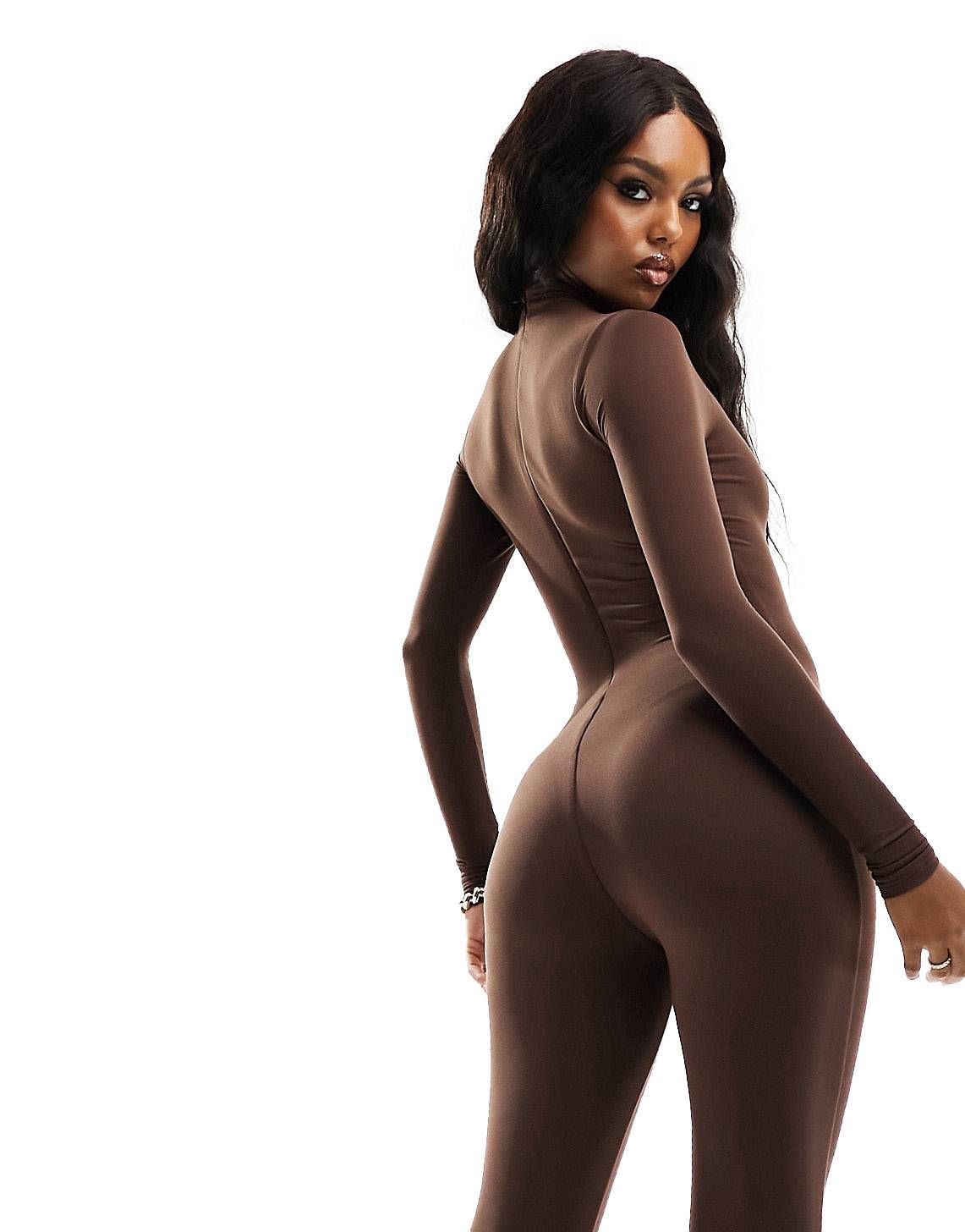 Naked Wardrobe sculpted long sleeve jumpsuit in chocolate | ASOS (Global)